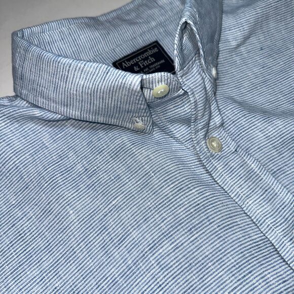 Abercrombie & Fitch Men's Large 100% Linen Shirt Blue Striped Summer Style - Picture 5 of 10